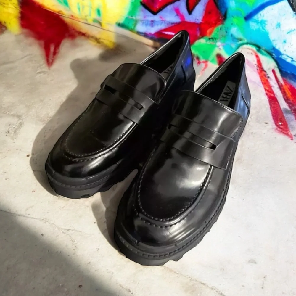 ZARA Chunky BlackLoafers Platform FlatsShoes EU Sz 37 Emo Goth Y2K Biker‎